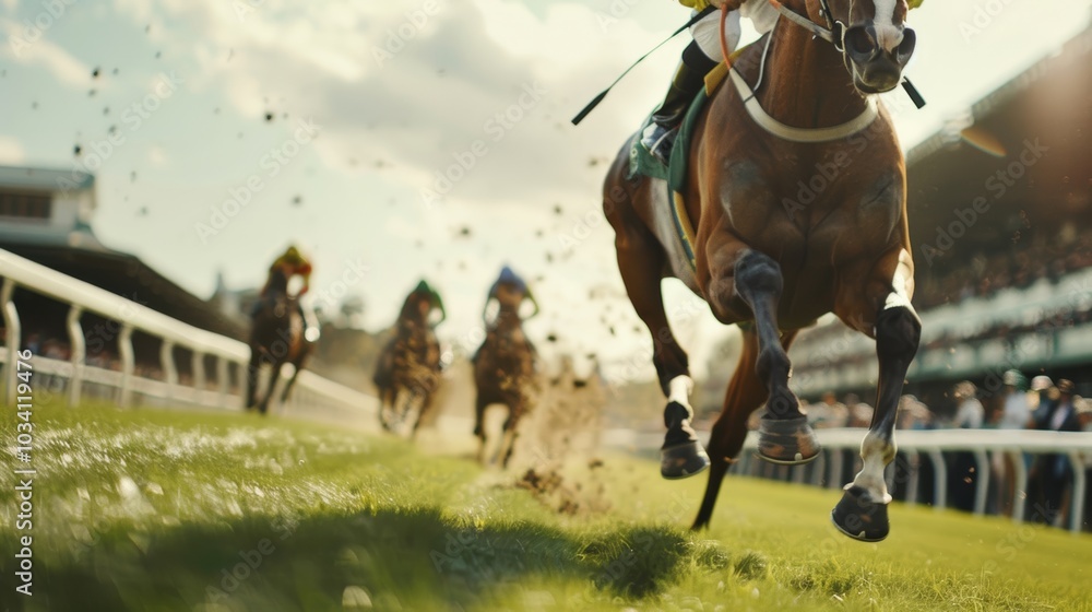 Exciting moment in a horse race at a vibrant racetrack during the afternoon under a bright sky