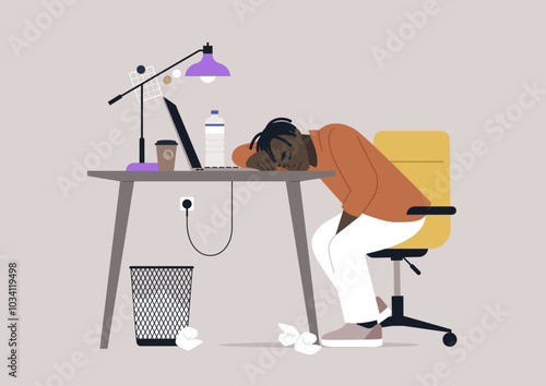 An exhausted individual rests their head on a desk in an overcrowded office, surrounded by crumpled tissues, a coffee cup, and a water bottle, embodying the struggle of long hours at work