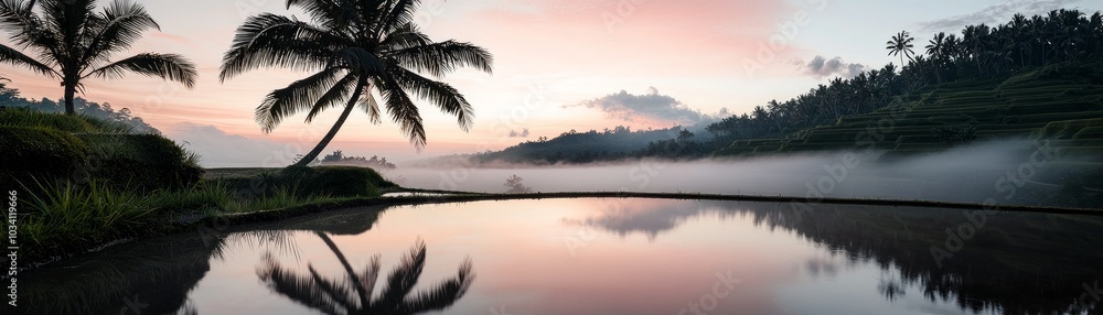 Fototapeta premium Tropical landscape with palm trees reflecting in serene water at sunrise.