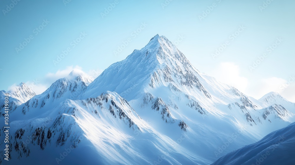 Fototapeta premium Snowy mountain peaks under a blue sky.
