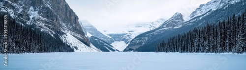 Winter landscape with snow-covered mountains and a frozen lake under a misty sky.