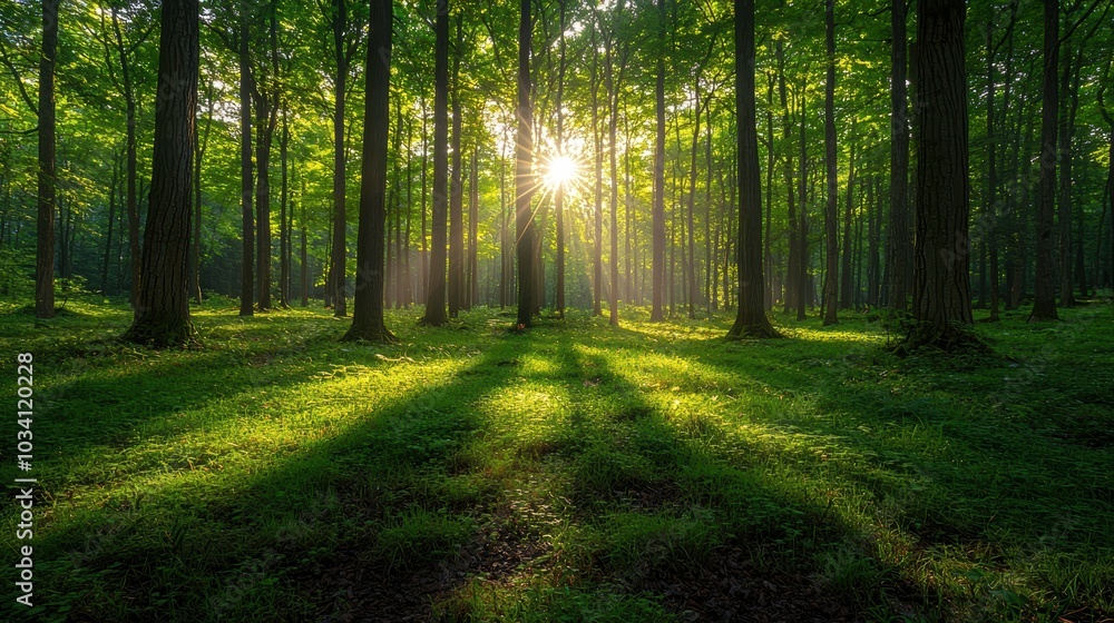 Obraz premium Sunbeams through trees in green forest.