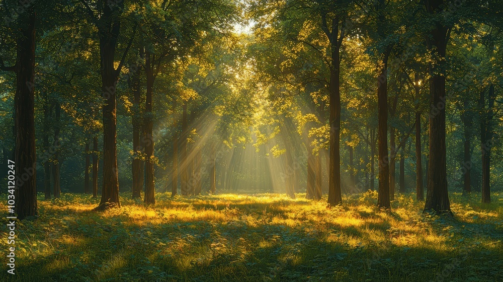 Sunlight streams through forest trees. Sunlight streams through forest trees.