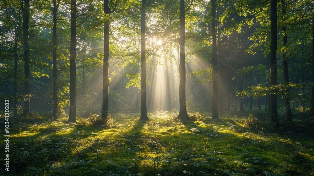 Sunlight beams through a misty forest. Sunlight beams through a misty forest.
