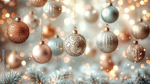 Sparkling holiday ornaments hang gracefully against a softly lit winter backdrop