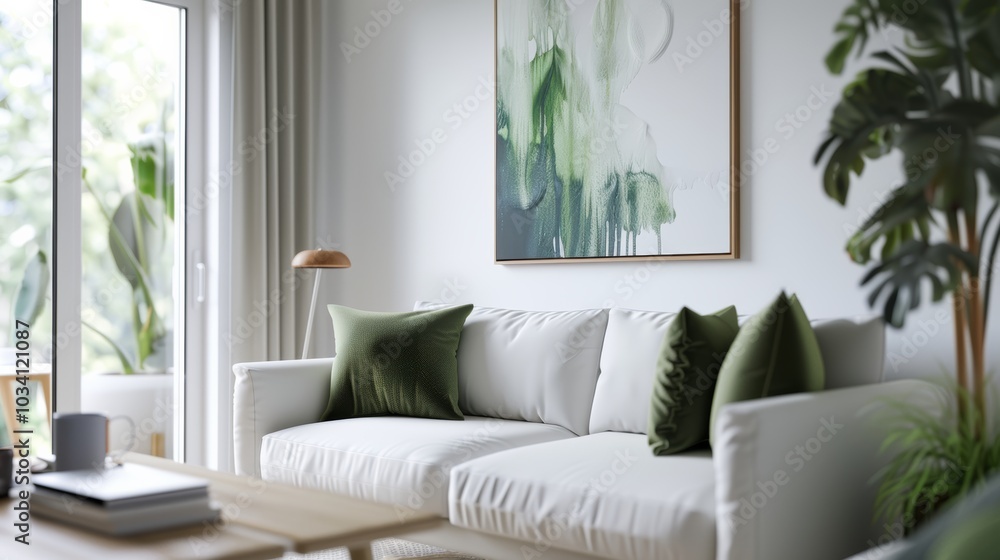 Cozy living room featuring a modern design with green accents and a large abstract painting on a white wall in natural light Cozy living room featuring a modern design with green accents and a large abstract painting on a white wall in natural light