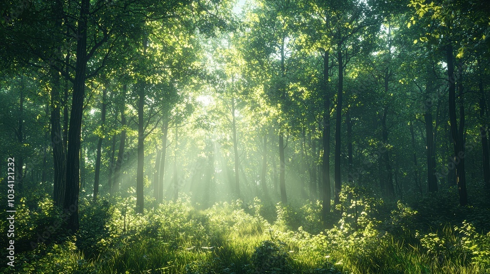 Obraz premium Sunlight streams through a dense forest.