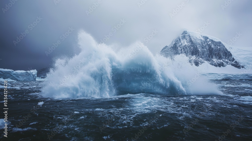Naklejka premium Large wave crashing near snowy mountains.