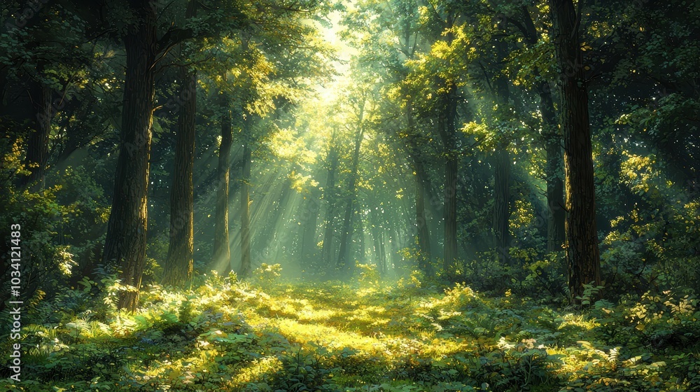 Obraz premium Sunlight through trees in a green forest.