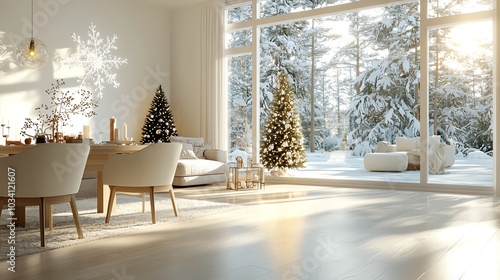 Openconcept living and dining area with subtle Christmas accents, modern holiday style, 3D illustration