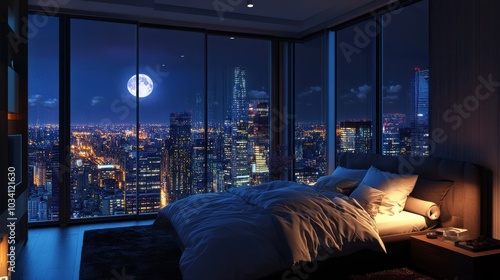 A cozy bedroom with a stunning view of a city skyline lit by the moon at night.