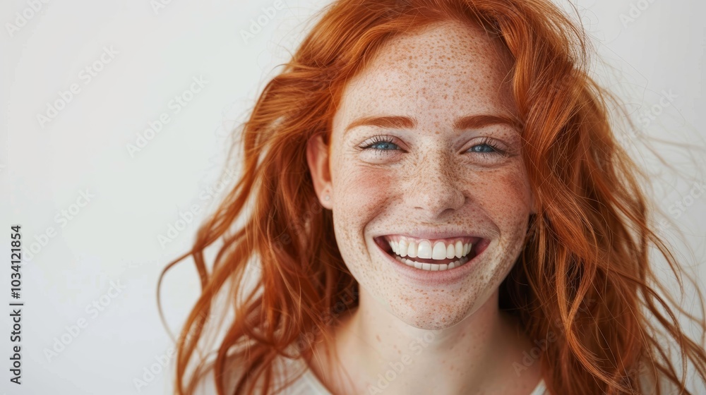 A cheerful young woman with red hair and freckles smiles brightly against a plain background in a relaxed indoor setting A cheerful young woman with red hair and freckles smiles brightly against a plain background in a relaxed indoor setting