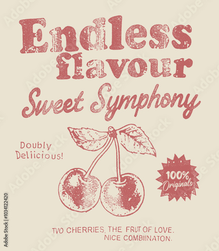 Cherry fruit print. Nature fruit club print design. Organic food artwork for for t-shirt. Fruit vintage t-shirt design. Fresh cherry artwork. Organic fruit market. Cherry fruit print. 