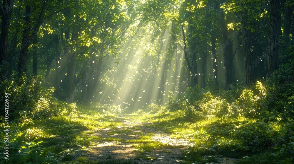 Obraz premium Sun beams through forest, path ahead.