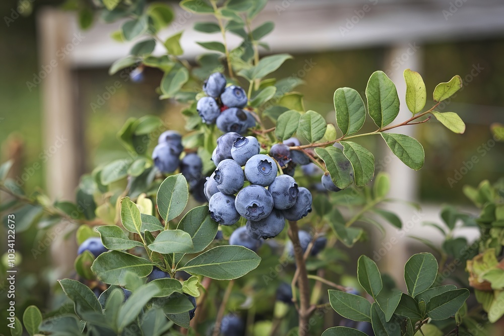 Ripe blueberries growing on a bush with green leaves in the background Ripe blueberries growing on a bush with green leaves in the background