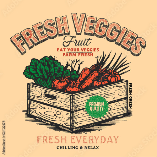 Fruit and vegetable set design. Organic vegetable market. Fresh vegan and fruit box design. Fresh veggies shop artwork for t shirt print, poster, and other uses.