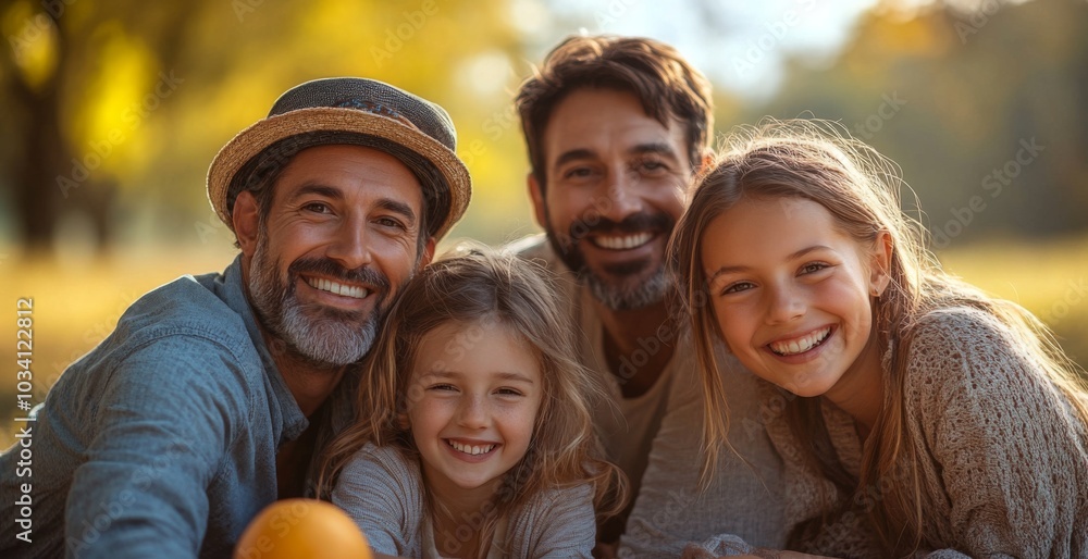 A joyful family of four is gathered in a park, with two adults and two children all smiling brightly. The warm autumn day adds a golden hue to the scene, enhancing their happiness. A joyful family of four is gathered in a park, with two adults and two children all smiling brightly. The warm autumn day adds a golden hue to the scene, enhancing their happiness.