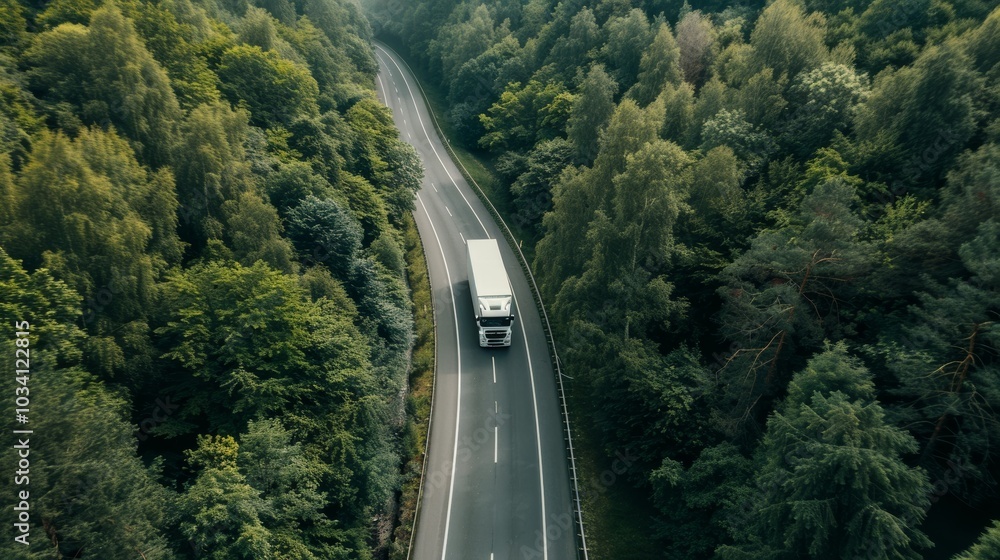 Fototapeta premium A truck driving through a winding road surrounded by lush green forests on a sunny day in a tranquil rural area