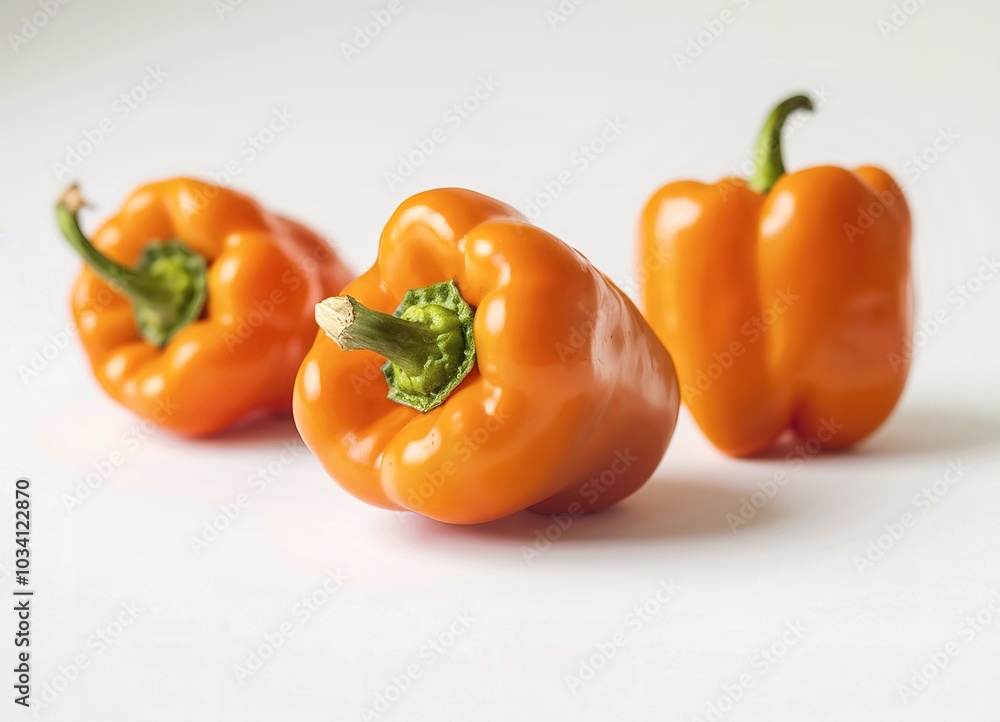 Three vibrant orange peppers isolated on white background Three vibrant orange peppers isolated on white background