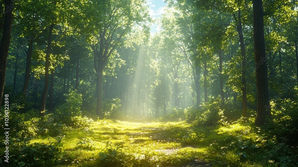 Obraz premium Sunbeams illuminate a path through a lush forest.
