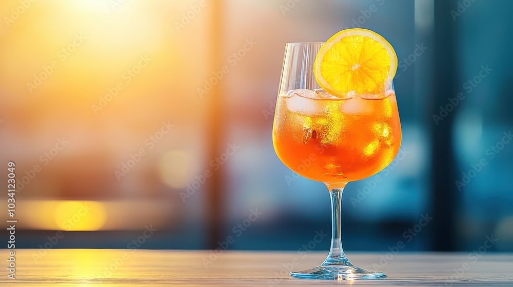 Orange Slice Cocktail with Ice in Glass on Wooden Table with Blurred Sunset Background