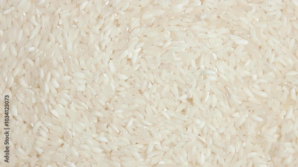 Dry Uncooked White Rice Background Slowly Rotating Left - Top View. Scattered Raw Long Grain Rice. Asian Cuisine and Culture. Healthy Eating Ingredients. Diet Food Dry Uncooked White Rice Background Slowly Rotating Left - Top View. Scattered Raw Long Grain Rice. Asian Cuisine and Culture. Healthy Eating Ingredients. Diet Food
