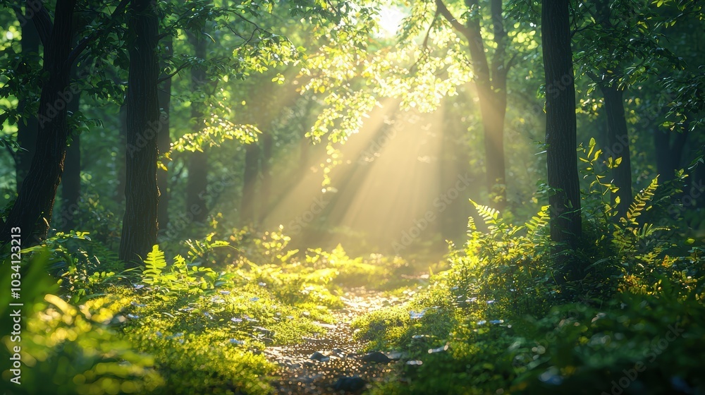 Naklejka premium Sunlight beams through a forest path.