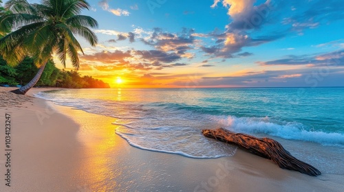 Tropical island with white sandy beach, palm trees swaying in the breeze, vibrant sunset over the ocean