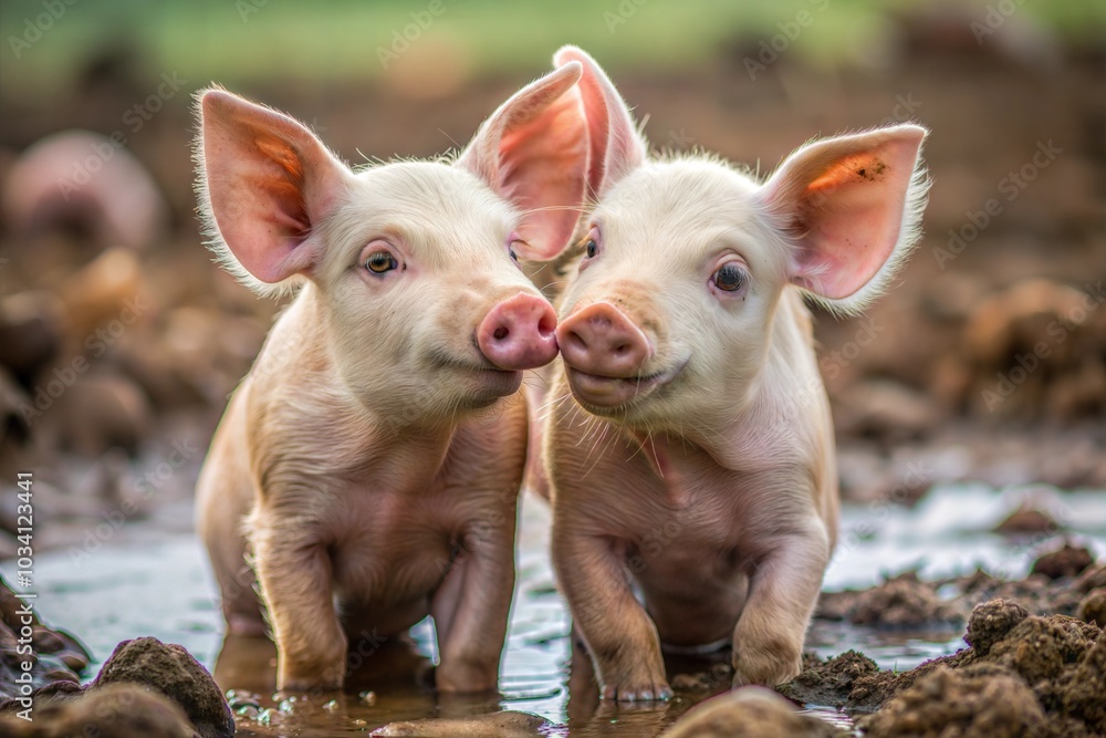 Piglets playing in mud on farm farm animal close-up Piglets playing in mud on farm farm animal close-up
