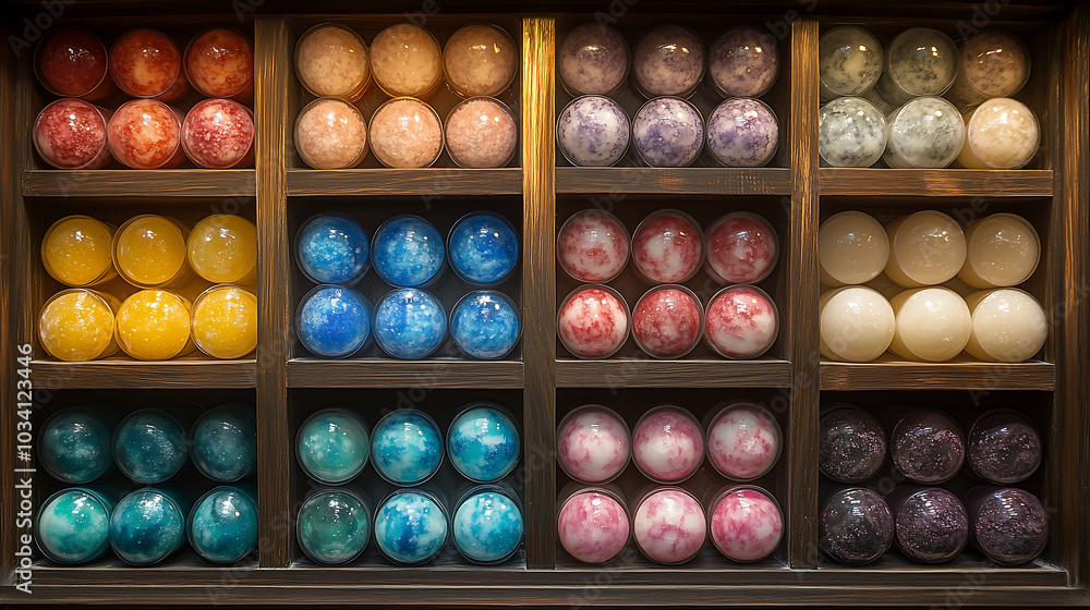 A close-up of colorful, round lozenges in an overhead display case at a Lush cosmetics store A close-up of colorful, round lozenges in an overhead display case at a Lush cosmetics store