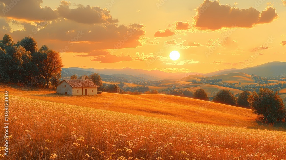 Fototapeta premium Lonely house in a golden field at sunset.
