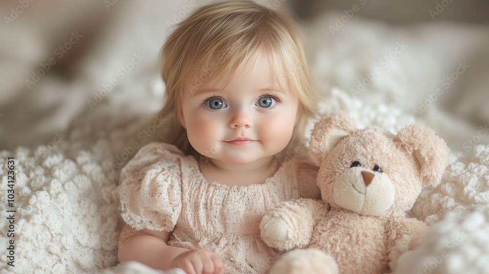Baby Girl in Pastel Dress with Teddy Bear Baby Girl in Pastel Dress with Teddy Bear