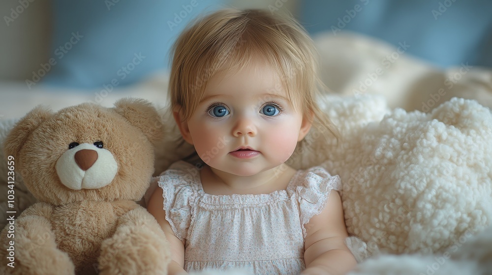 Baby Girl in Pastel Dress with Teddy Bear Baby Girl in Pastel Dress with Teddy Bear