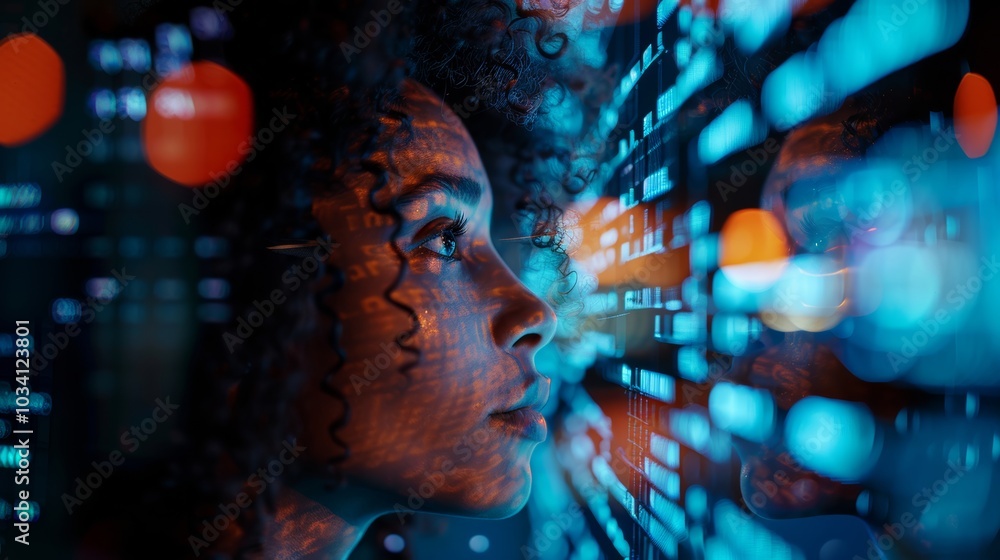 A woman focused on digital data analysis in a vibrant, high-tech environment at night with colorful light reflections A woman focused on digital data analysis in a vibrant, high-tech environment at night with colorful light reflections
