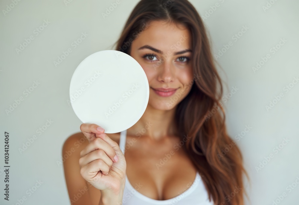 Young Woman Holding a Blank Circle on a Neutral Background, Perfect for Advertising and Marketing Use Young Woman Holding a Blank Circle on a Neutral Background, Perfect for Advertising and Marketing Use