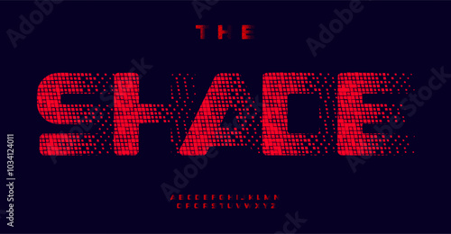 Futuristic pixelated alphabet, digital glitch effect letter, dotted geometric font for sci-fi log, cyber security, big data base safety, tech identity. Vector typeset