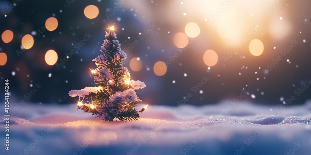 A small Christmas tree with twinkling lights sits on a snowy background, creating a warm and festive scene. A small Christmas tree with twinkling lights sits on a snowy background, creating a warm and festive scene.