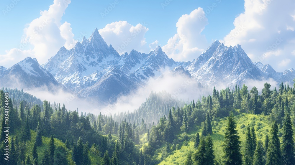 Breathtaking mountain landscape with lush forests and serene clouds. Breathtaking mountain landscape with lush forests and serene clouds.