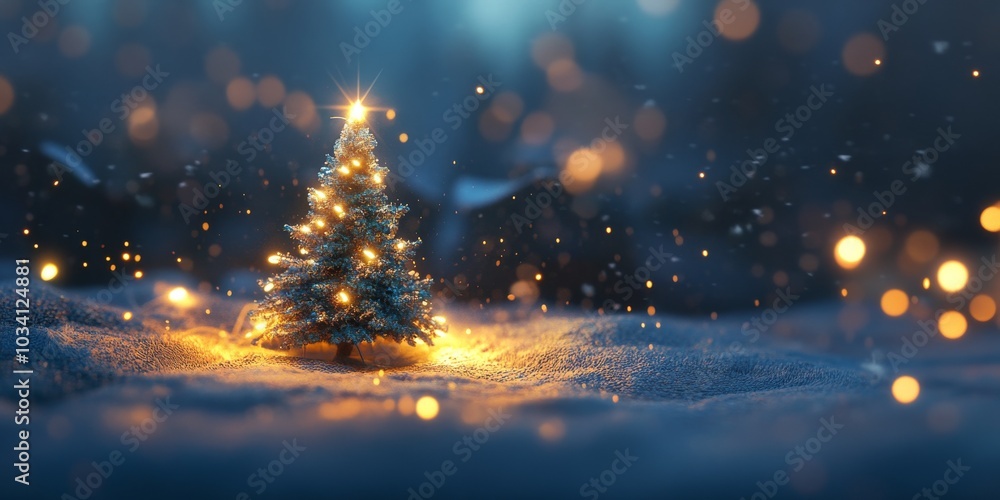 Naklejka premium A small Christmas tree with twinkling lights sits on a snowy background, creating a warm and festive scene.