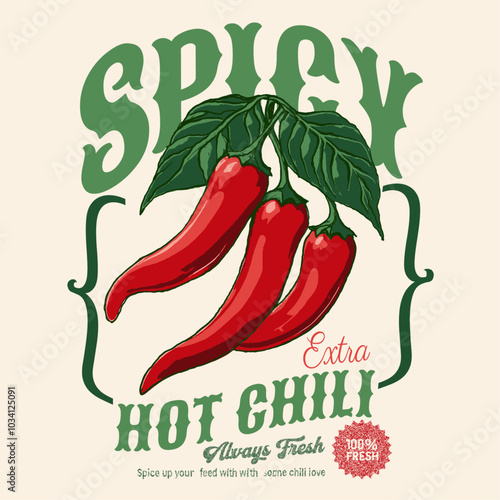 Spicy chili artwork. Chili graphic print design. food prints. summer girls artwork. vintage grunge texture. Hot chili t shirt design for t shirt print, poster, sticker, background and other uses.