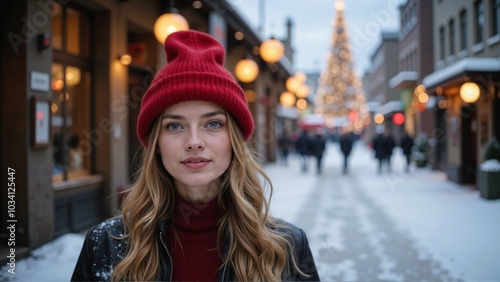 Portrait of a young woman in a red hat against a winter, snowy Christmas street background