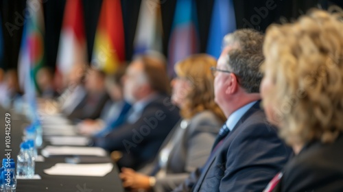 Business leaders engage in a strategic discussion at an international conference with diverse flags in the background