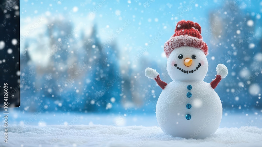 Fototapeta premium Snowman on a snowthemed Zoom call with corporate colleagues