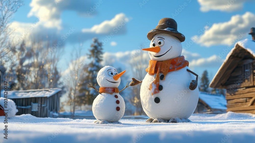 Obraz premium Snowman mentoring a junior snowman intern on how to build snow assets