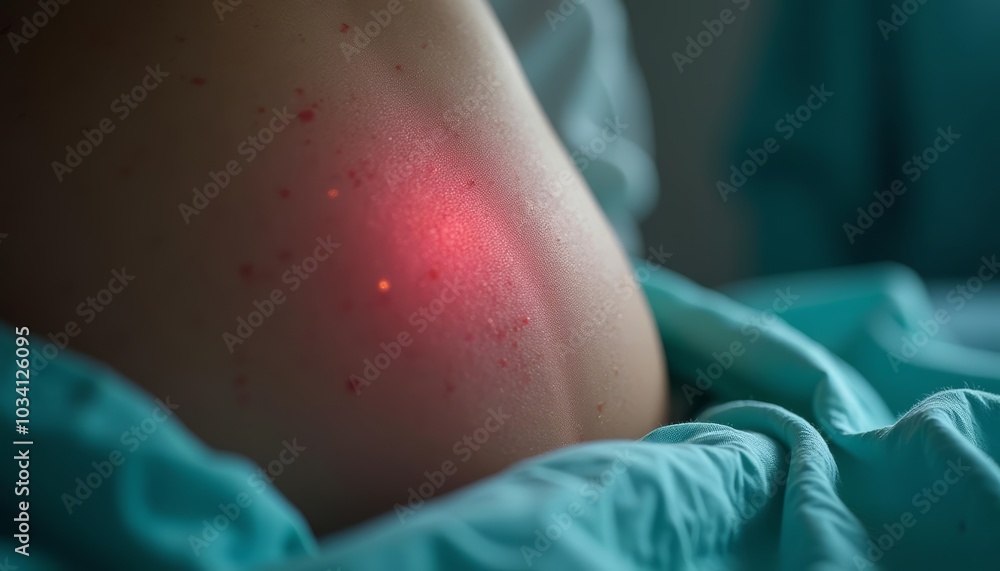 Fototapeta premium Close-Up of Skin Condition with Infrared Light Treatment Highlighting Red Spots, Perfect for Medical and Health-Related Use