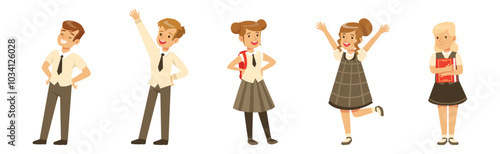 Cute Boy and Girl Character in School Uniform Vector Set