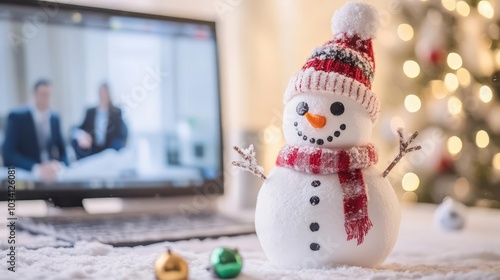 Snowman on a snowthemed Zoom call with corporate colleagues photo