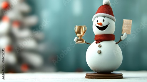 Snowman receiving an employee of the month award with joy