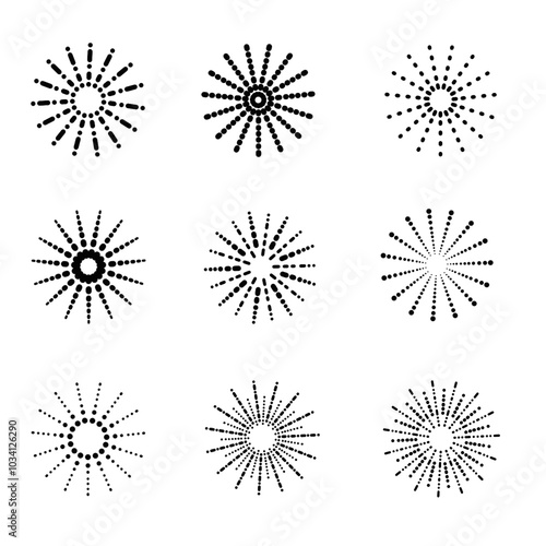 A set of nine different black dotted radial patterns resembling abstract sunburst or star shapes. Each pattern varies in dot arrangement and density.