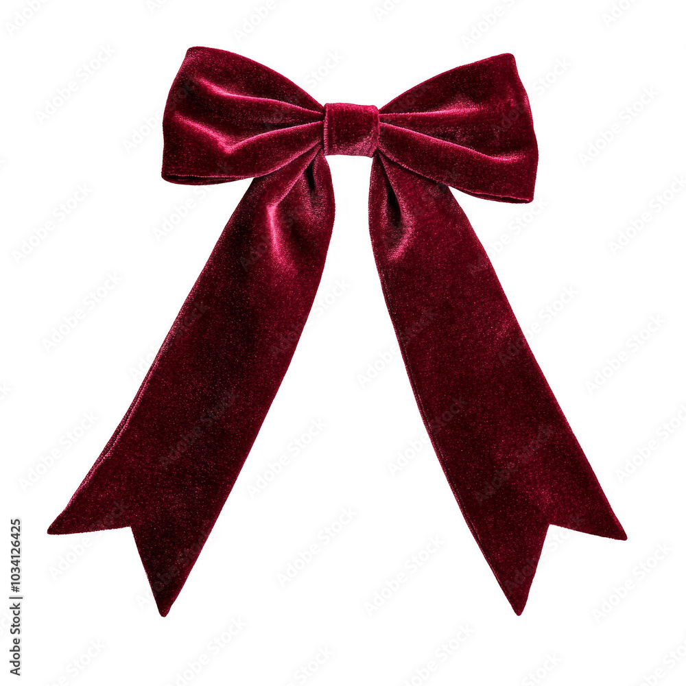 Red velvet bow with tails on a transparent background.